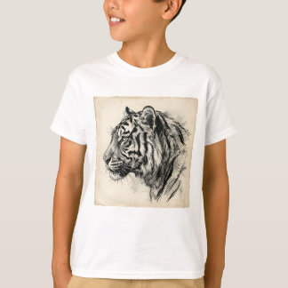 Artistic Charcoal Tiger Profile Sketch on Aged T-Shirt