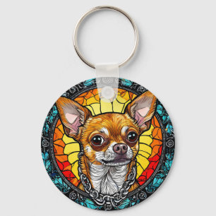 Artistic Chihuahua Illustration in Stained Glass Key Ring