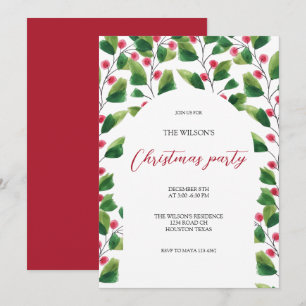 Artistic Christmas Green Red Berry Watercolor Invitation