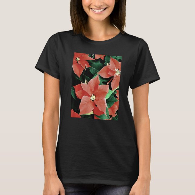 Artistic Christmas Red Poinsettia Flowers T-Shirt (Front)