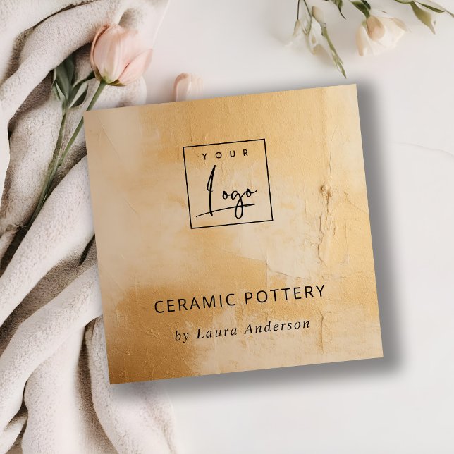 Artistic Classy Beige Gold Oil Paint Texture Logo Square Business Card (Creator Uploaded)