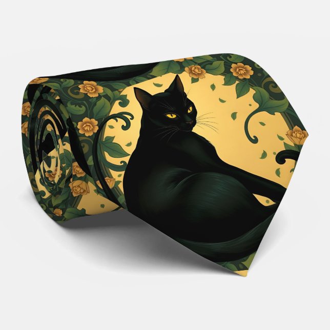 Artistic Colourful Art Nouveau Black Cat Pattern Tie (Rolled)