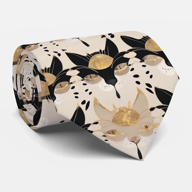 Artistic Colourful Art Nouveau Cat Pattern Tie (Rolled)
