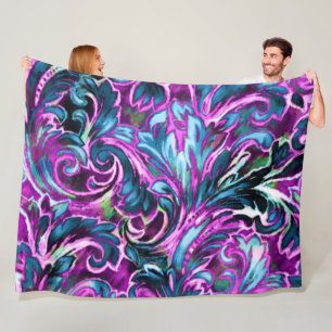 Artistic Colourful Damask Purple Teal Blue Fleece Blanket