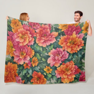 Artistic Colourful Flowers Pink Orange Fleece Blanket