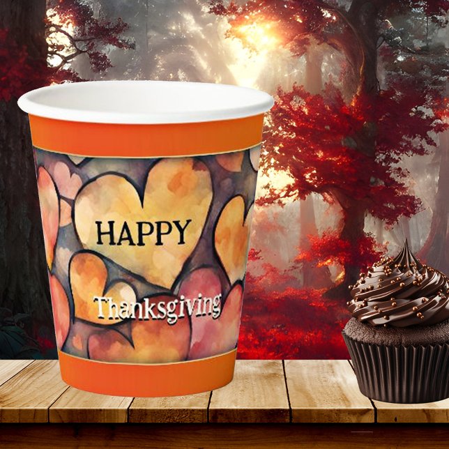 Artistic Colourful Happy Hearts Thanksgiving Paper Cups (Thanksgiving paper cups featuring a festive design with painted hearts and an orange gold lining)