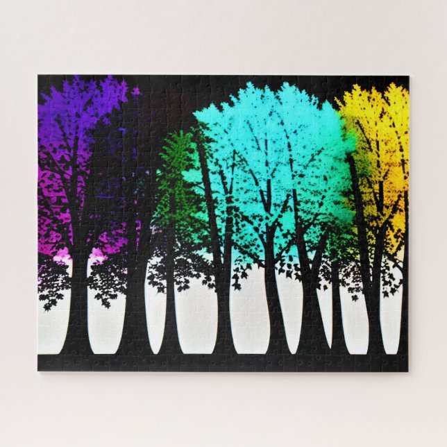 Artistic Colourful Trees in Black Silhouette Trees Jigsaw Puzzle (Horizontal)