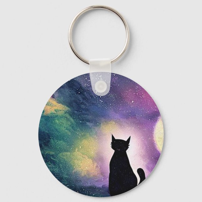 Artistic Cute Cat Moon and Galaxy Stars Purple  Key Ring (Front)