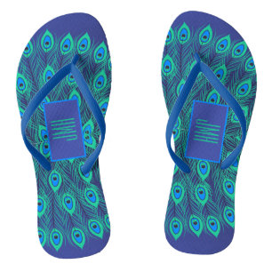 ARTISTIC DECO BLUE TEAL PEACOCK FEATHER & MONOGRAM THONGS