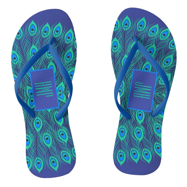 ARTISTIC DECO BLUE TEAL PEACOCK FEATHER & MONOGRAM THONGS (Footbed)