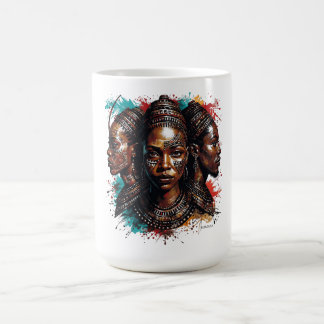 Artistic depiction of three women with tribal face coffee mug