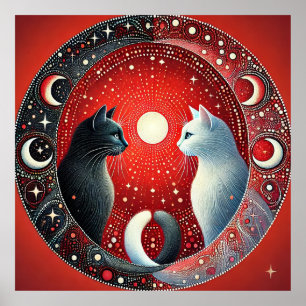 Artistic Depiction of Yin and Yang Cats Poster