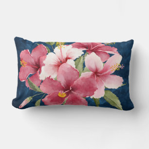 Artistic design deep blue and watercolor flowers lumbar cushion