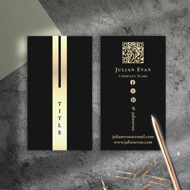 Artistic Detail Modern Black & Gold Business Card (Artistic Modern Minimal Black & Gold Vertical Business Card)