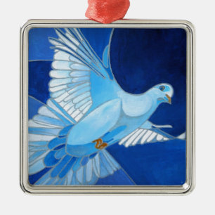 Artistic Dove Outline Art In Cerulean Blue Metal Ornament