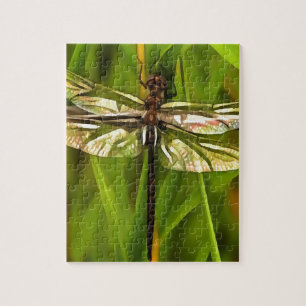 Artistic Dragonfly In Brown And Yellow On Green Jigsaw Puzzle