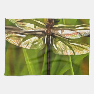 Artistic Dragonfly In Brown And Yellow On Green Tea Towel
