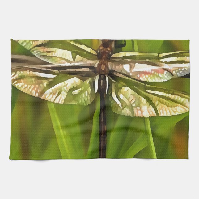 Artistic Dragonfly In Brown And Yellow On Green Tea Towel (Horizontal)