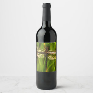 Artistic Dragonfly In Brown And Yellow On Green Wine Label