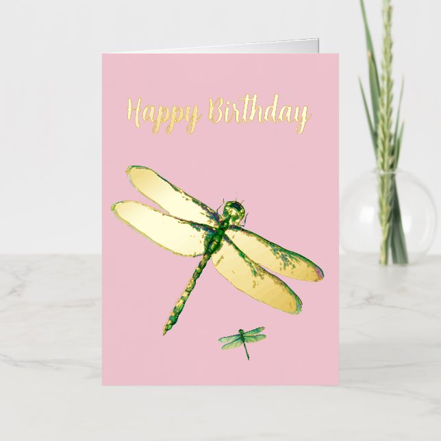 Artistic Dragonfly Pink Foil Birthday Card (Front)