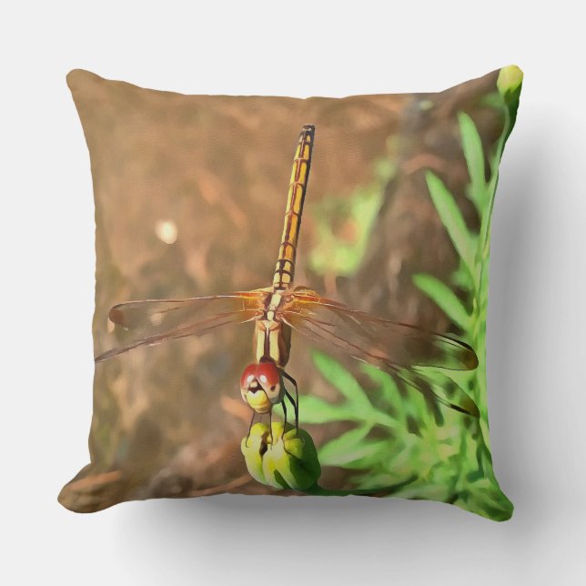 Artistic Dragonfly Resting On A Flower Head Cushion (Front)