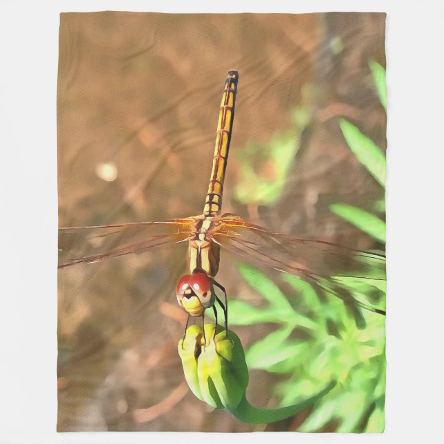 Artistic Dragonfly Resting On A Flower Head Fleece Blanket (Front)