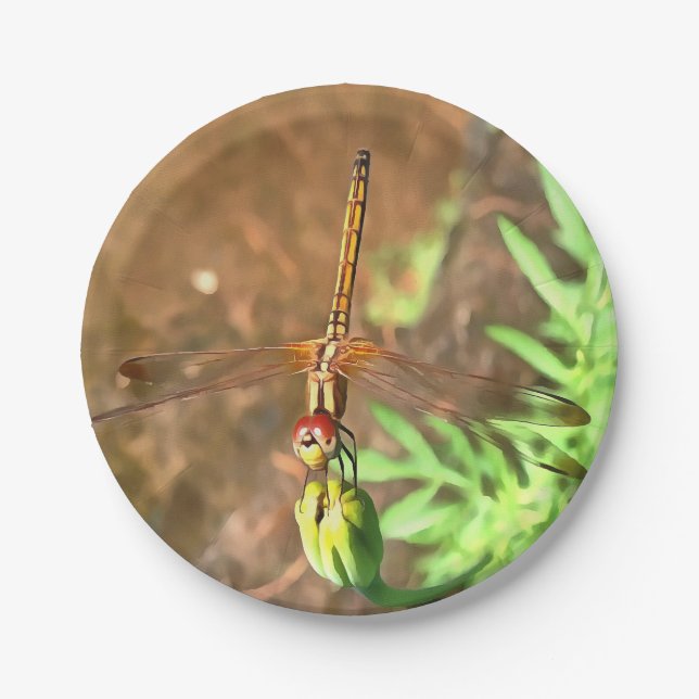 Artistic Dragonfly Resting On A Flower Head Paper Plate (Front)