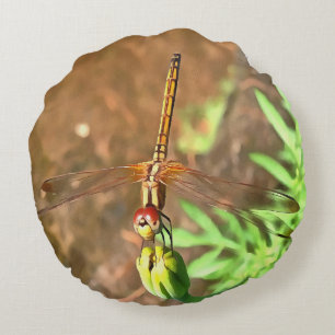 Artistic Dragonfly Resting On A Flower Head Round Cushion