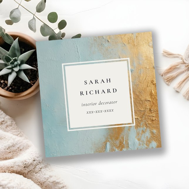 Artistic Dusky Aqua Blue Gold Oil Paint Texture Square Business Card (Creator Uploaded)