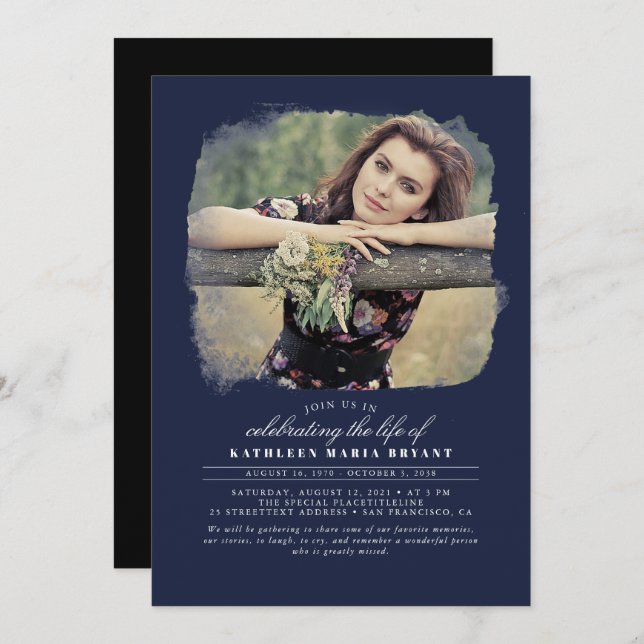 Artistic Elegant Celebration of Life Funeral Photo Invitation (Front/Back)