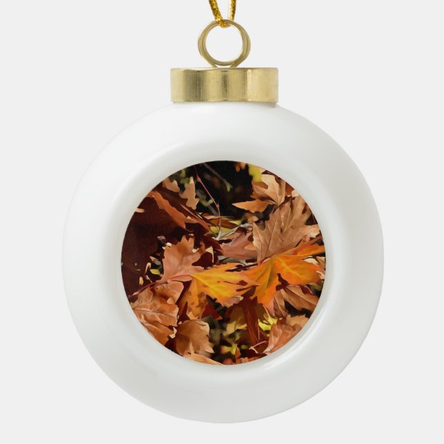 Artistic Fall Leaves In Autumn Sunshine Ceramic Ball Christmas Ornament (Front)