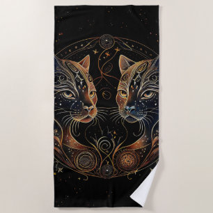 Artistic Feline Circle Twin Cats Beach Towel
