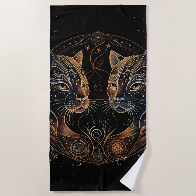 Artistic Feline Circle Twin Cats Beach Towel (Front)