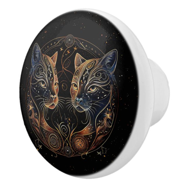Artistic Feline Circle Twin Cats Ceramic Knob (Right)