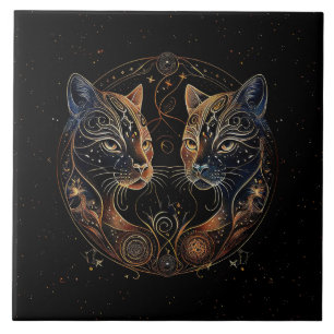 Artistic Feline Circle Twin Cats Ceramic Tile