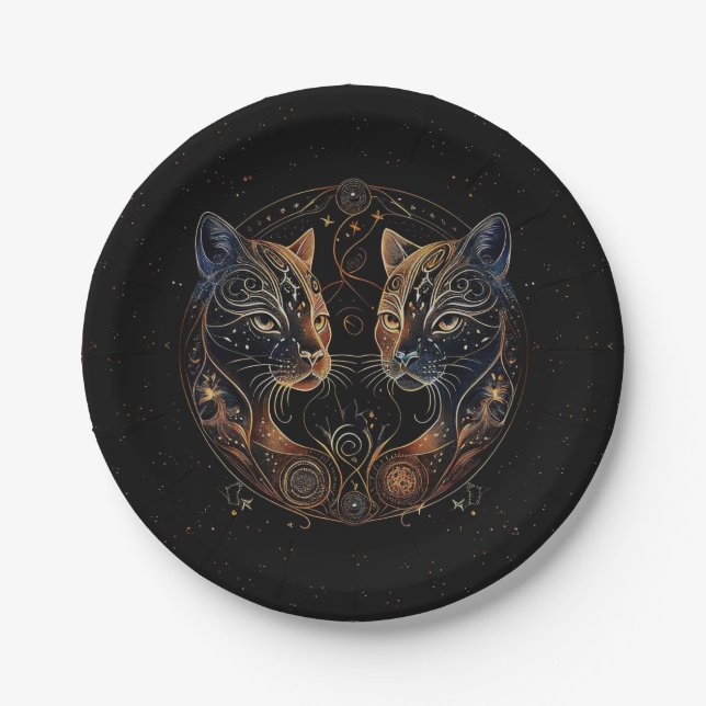Artistic Feline Circle Twin Cats Paper Plate (Front)
