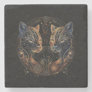 Artistic Feline Circle Twin Cats Stone Coaster