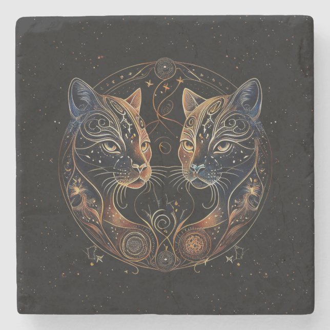Artistic Feline Circle Twin Cats Stone Coaster (Front)
