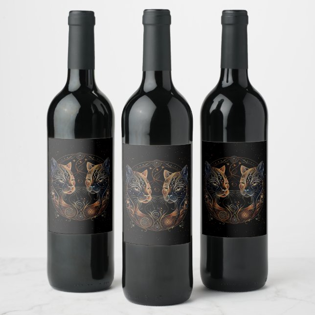 Artistic Feline Circle Twin Cats Wine Label (Bottles)