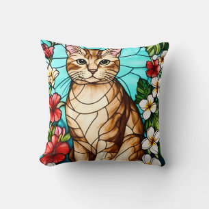 Artistic Feline Portrait Amid Tropical Flowers  Cushion