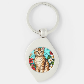 Artistic Feline Portrait Amid Tropical Flowers Key Ring