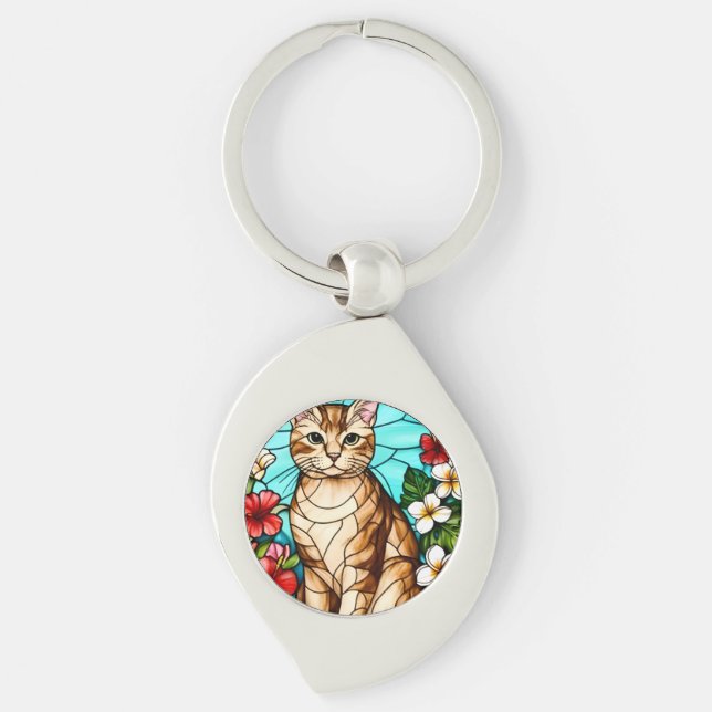 Artistic Feline Portrait Amid Tropical Flowers  Key Ring (Front)