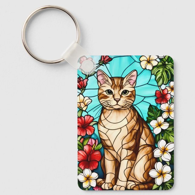 Artistic Feline Portrait Amid Tropical Flowers  Key Ring (Front)