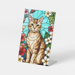 Artistic Feline Portrait Amid Tropical Flowers  Pedestal Sign