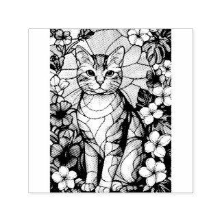 Artistic Feline Portrait Amid Tropical Flowers Self-inking Stamp