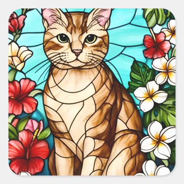 Artistic Feline Portrait Amid Tropical Flowers  Square Sticker (Front)