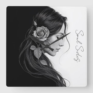 Artistic female profile with rose in monochrome square wall clock