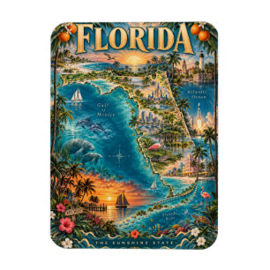 Artistic Florida State Map Vintage Tropical Poster Magnet