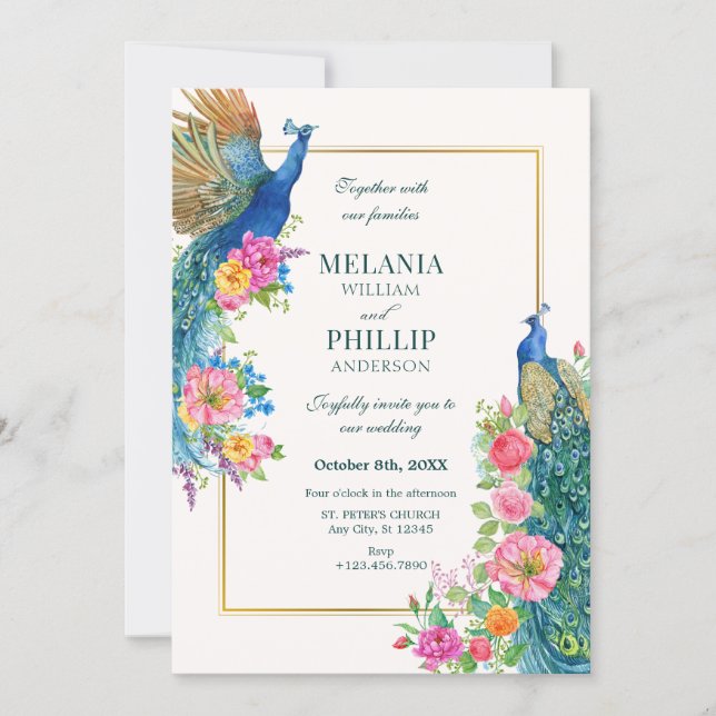 Artistic Flower peacock bird wedding Invitation (Front)