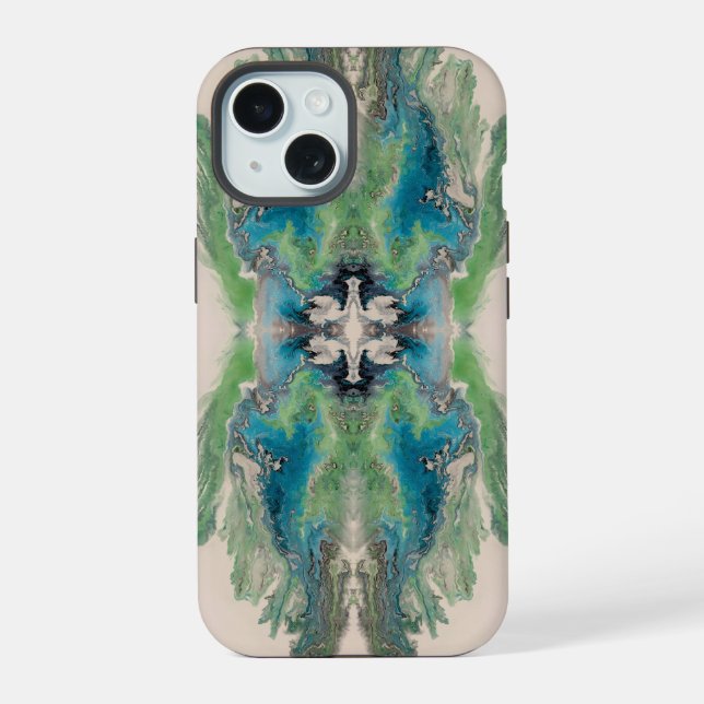 Artistic Fluid Abstract in Aqua & Green  iPhone 15 Case (Back)